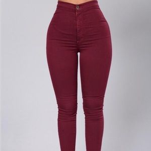 High waisted denim burgundy jeans